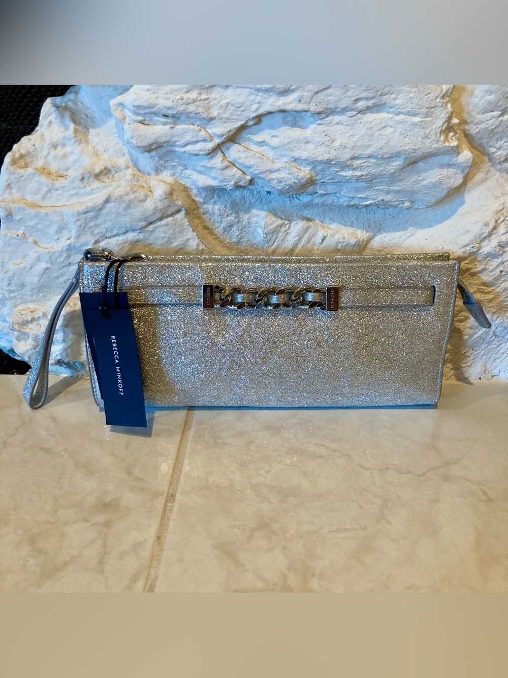 NWT Rebecca Minkoff curb link clutch in a glittery silver